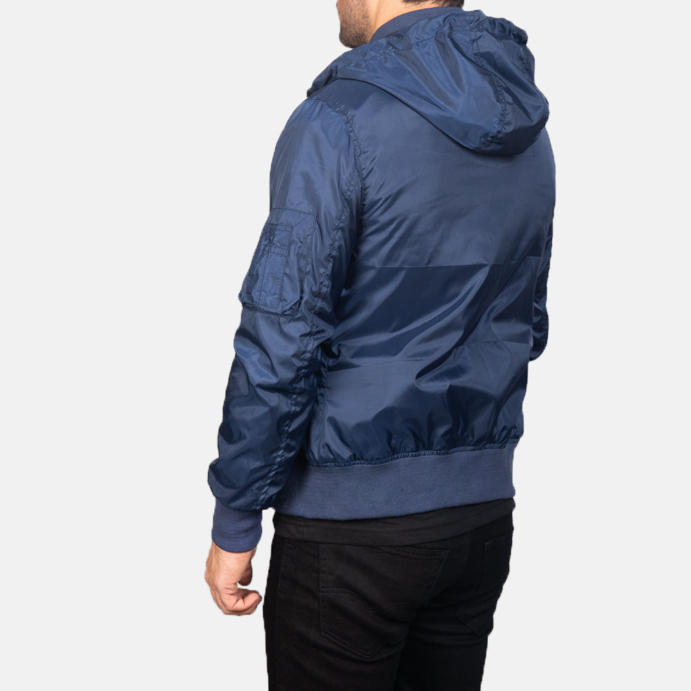Hanklin Ma-1 Blue Hooded Bomber Jacket - men's jacket in blue premium leather, view 5