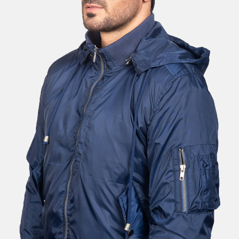 Hanklin Ma-1 Blue Hooded Bomber Jacket - men's jacket in blue premium leather, view 6