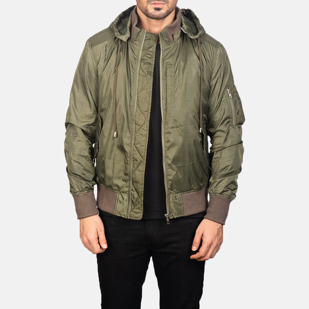 Hanklin Ma-1 Green Hooded Bomber Jacket - men's jacket in green premium leather, view 1