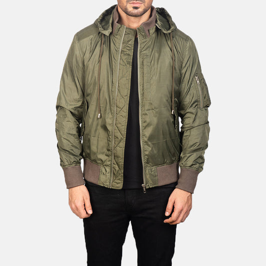 Hanklin Ma-1 Green Hooded Bomber Jacket - men's jacket in green premium leather, view 1
