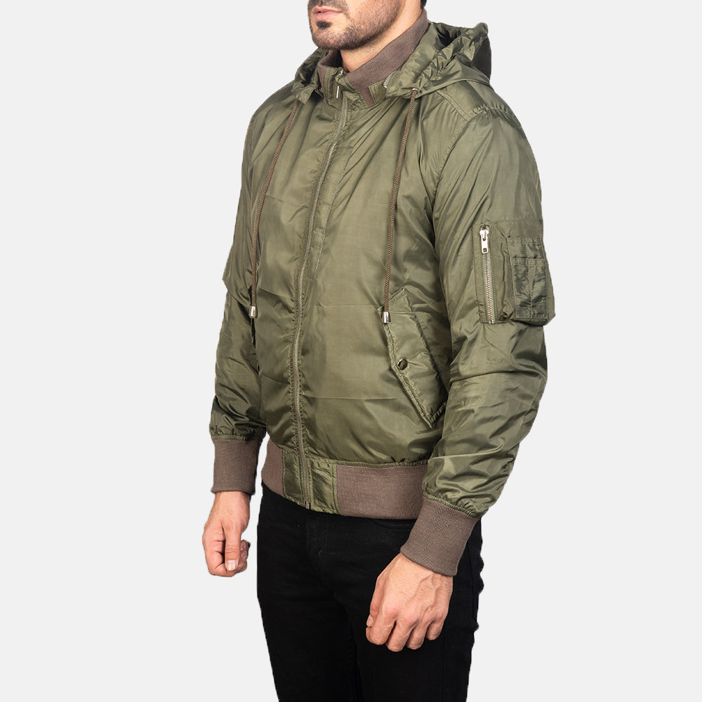 Hanklin Ma-1 Green Hooded Bomber Jacket - men's jacket in green premium leather, view 2