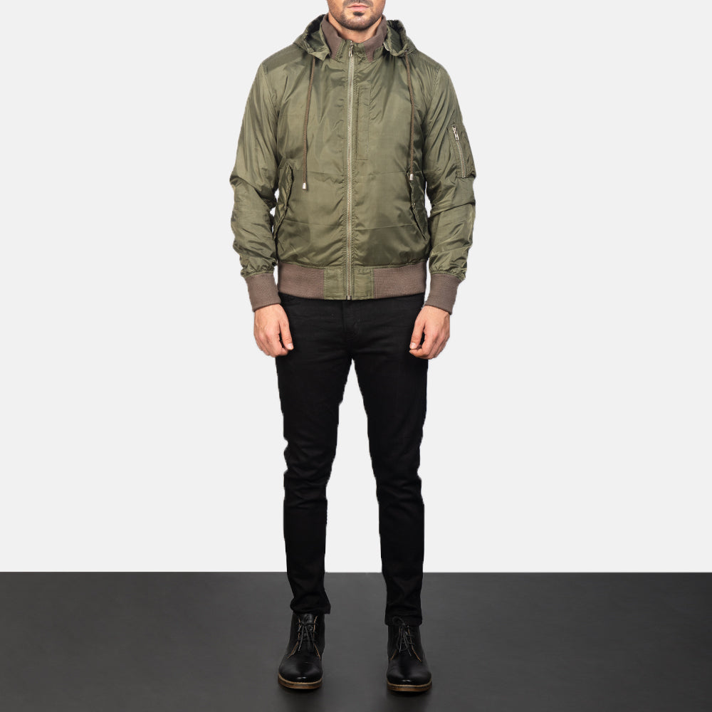 Hanklin Ma-1 Green Hooded Bomber Jacket - men's jacket in green premium leather, view 3