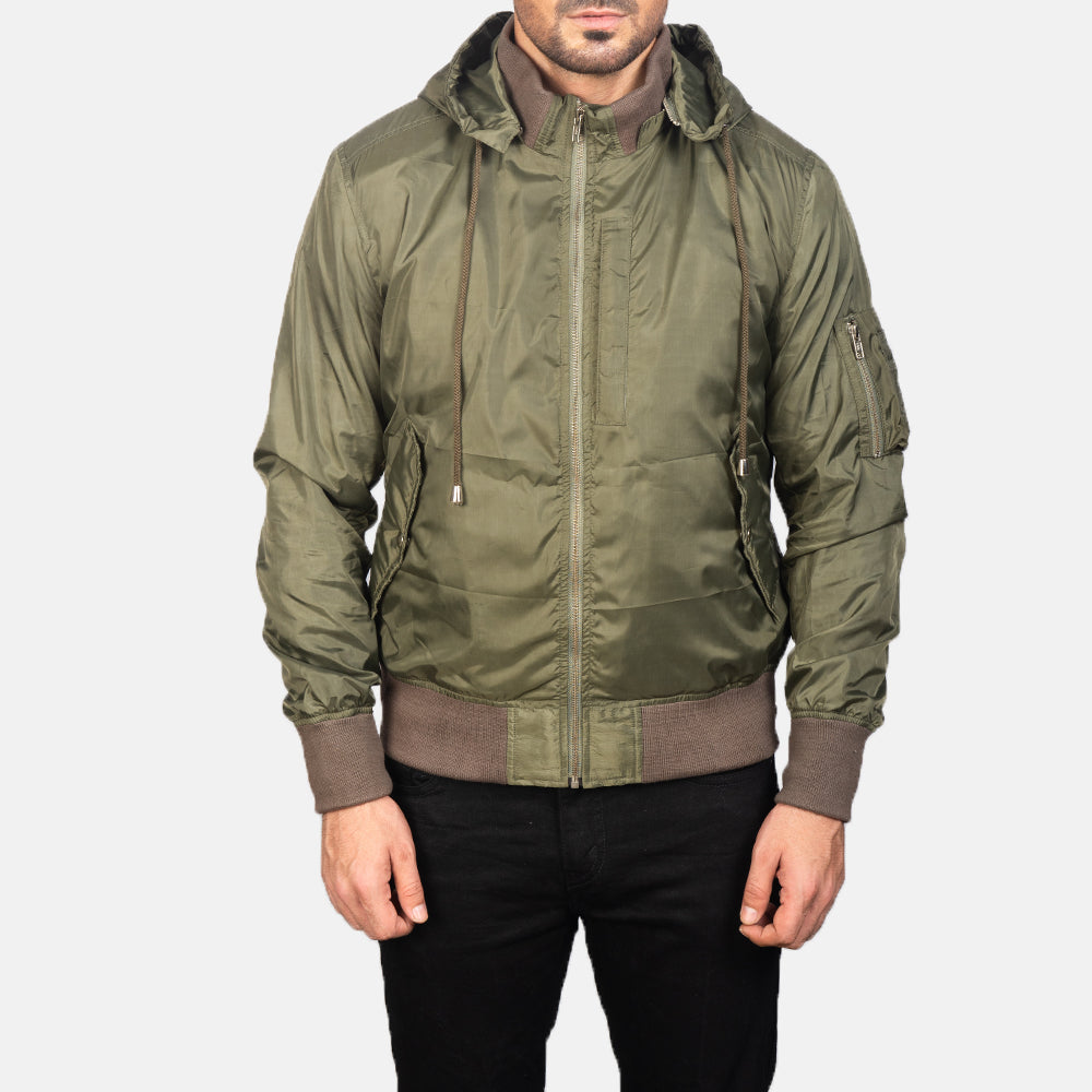 Hanklin Ma-1 Green Hooded Bomber Jacket - men's jacket in green premium leather, view 4