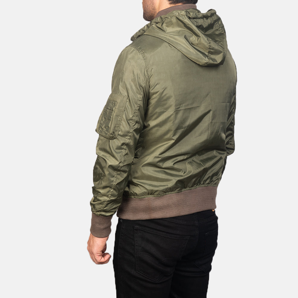 Hanklin Ma-1 Green Hooded Bomber Jacket - men's jacket in green premium leather, view 5