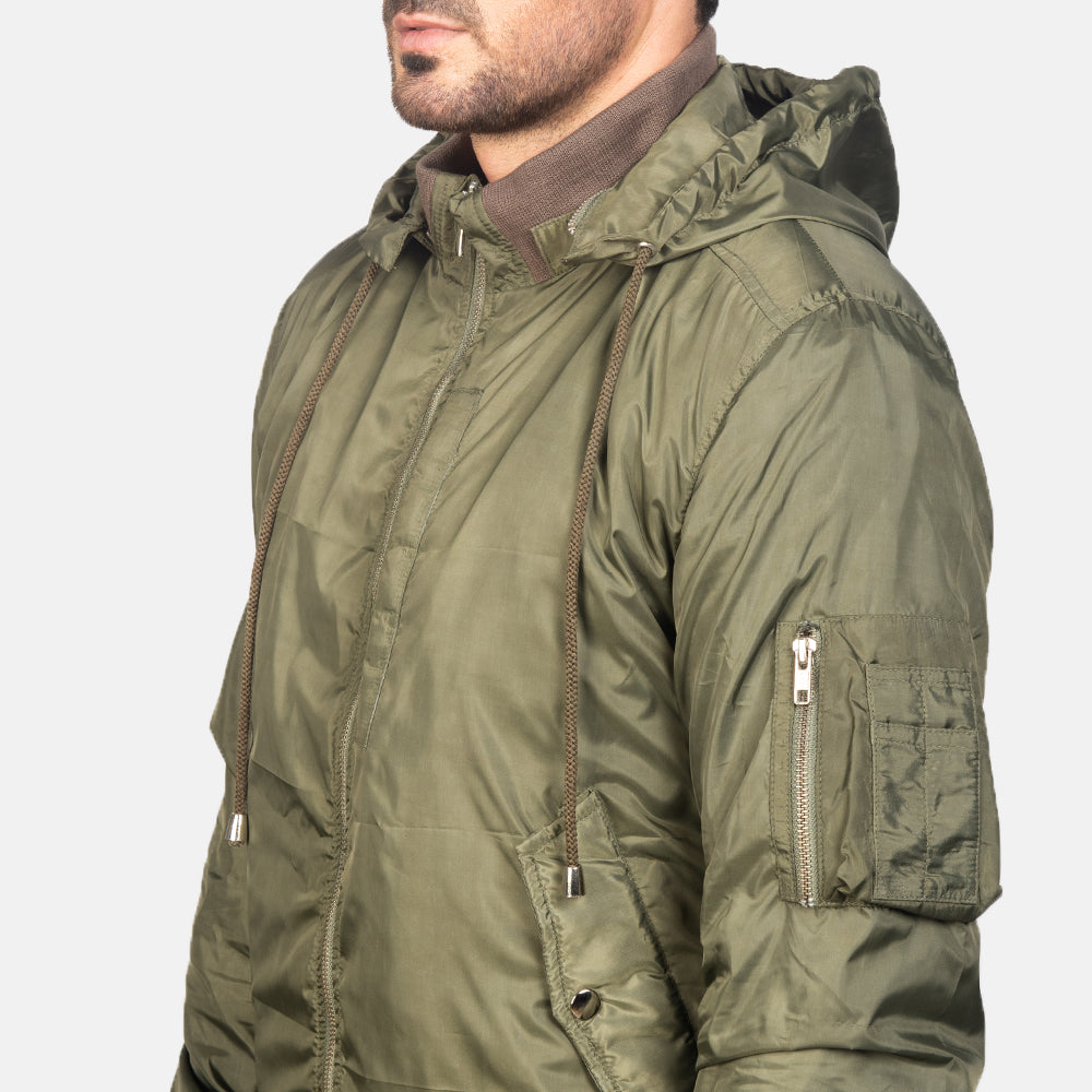 Hanklin Ma-1 Green Hooded Bomber Jacket - men's jacket in green premium leather, view 6