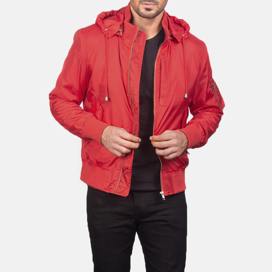 Hanklin Ma-1 Red Hooded Bomber Jacket - men's jacket in red premium leather, view 1