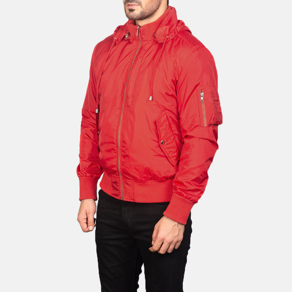 Hanklin Ma-1 Red Hooded Bomber Jacket - men's jacket in red premium leather, view 2
