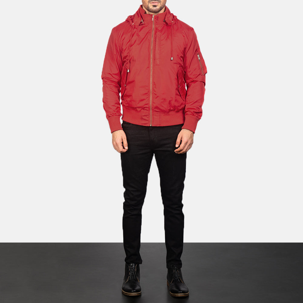 Hanklin Ma-1 Red Hooded Bomber Jacket - men's jacket in red premium leather, view 3