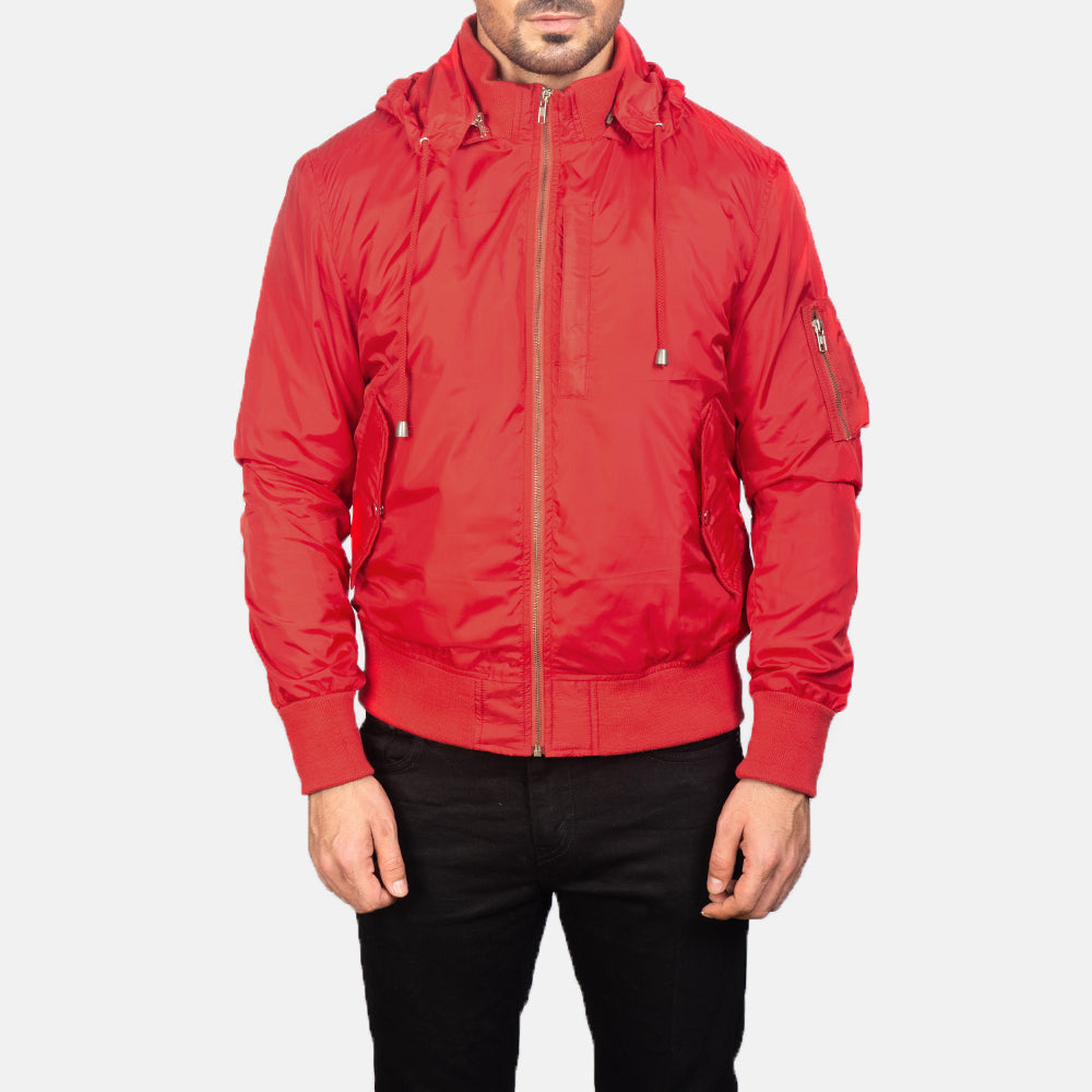 Hanklin Ma-1 Red Hooded Bomber Jacket - men's jacket in red premium leather, view 4