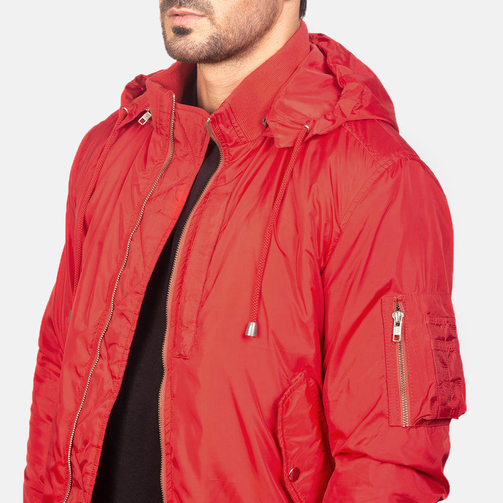 Hanklin Ma-1 Red Hooded Bomber Jacket - men's jacket in red premium leather, view 6