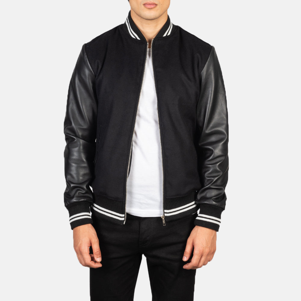 Harrison Black Hybrid Varsity Jacket - men's jacket in black sheepskin leather, view 1