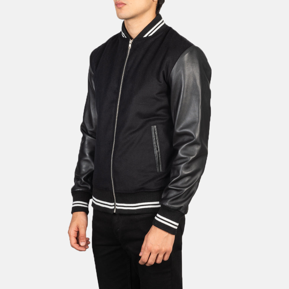 Harrison Black Hybrid Varsity Jacket - men's jacket in black sheepskin leather, view 2
