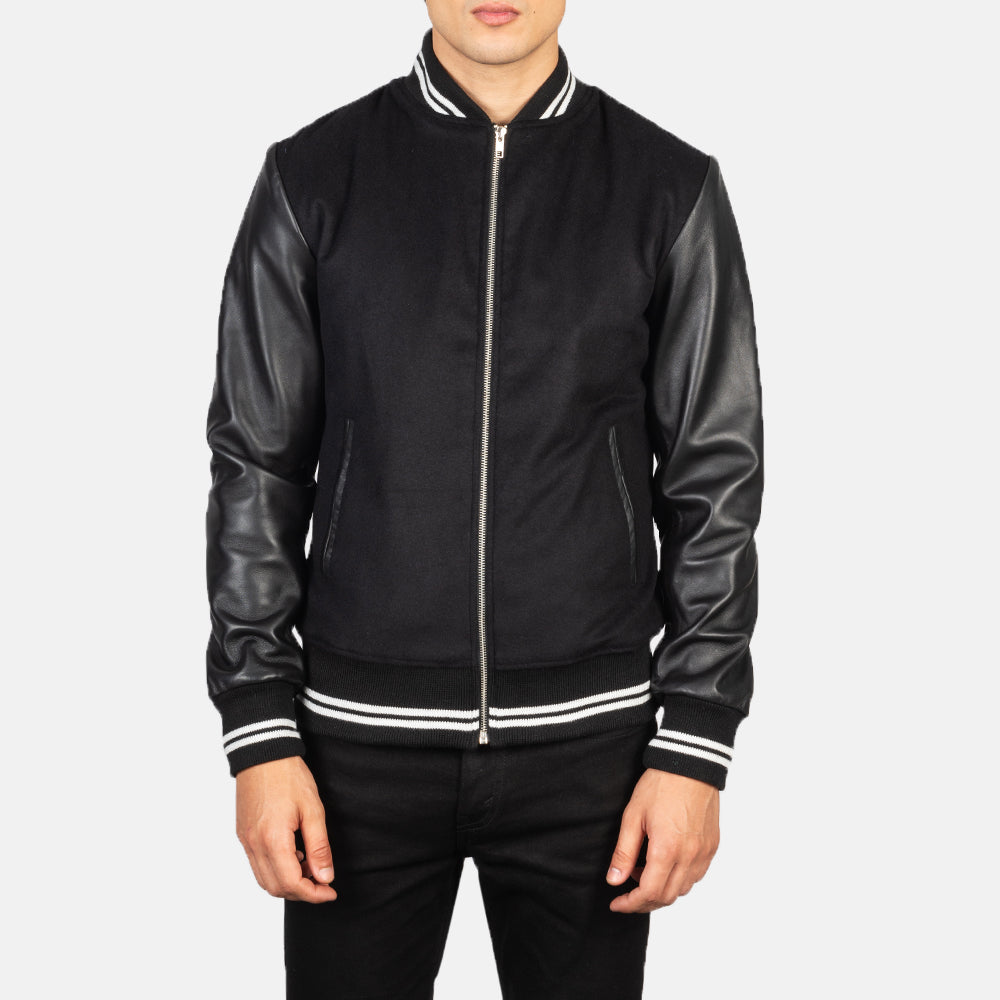 Harrison Black Hybrid Varsity Jacket - men's jacket in black sheepskin leather, view 3