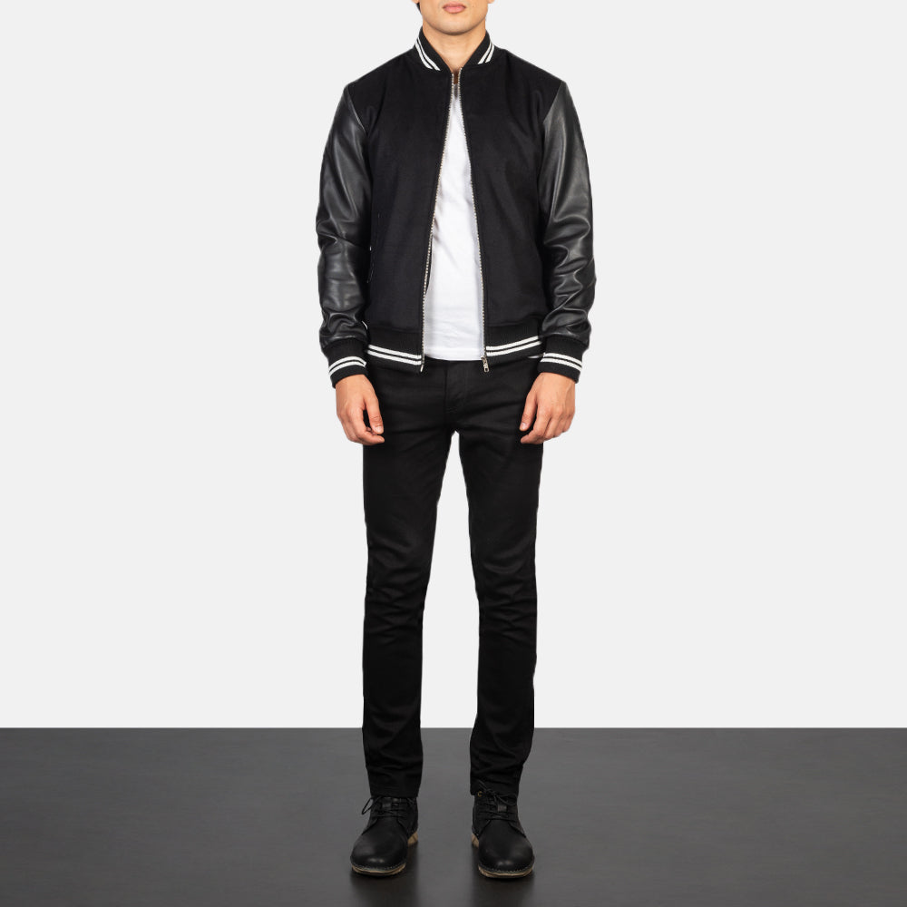 Harrison Black Hybrid Varsity Jacket - men's jacket in black sheepskin leather, view 4