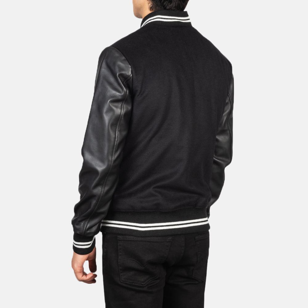 Harrison Black Hybrid Varsity Jacket - men's jacket in black sheepskin leather, view 5