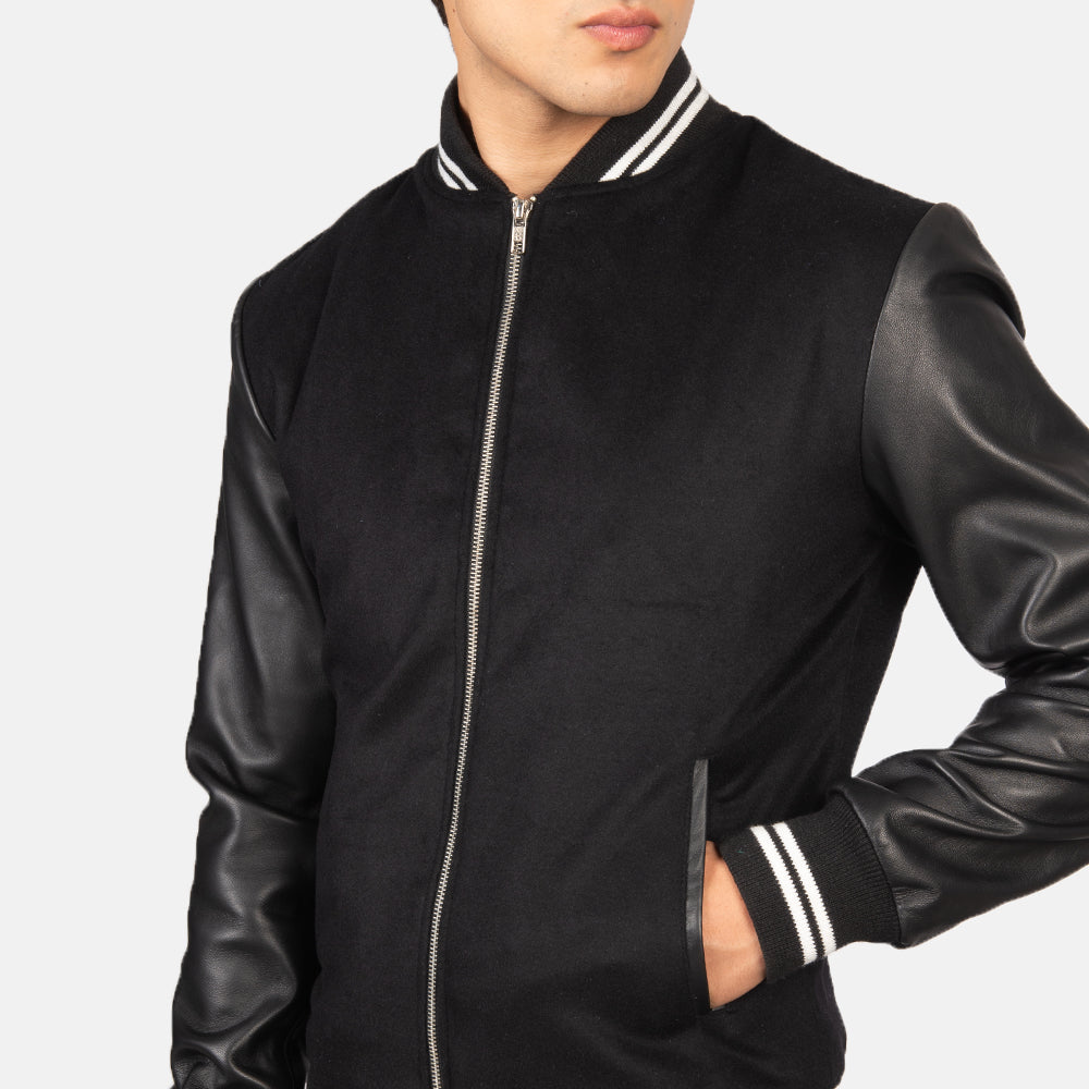 Harrison Black Hybrid Varsity Jacket - men's jacket in black sheepskin leather, view 6