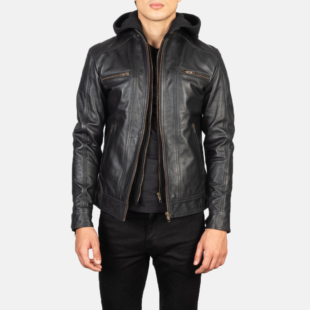 Hector Black Hooded Leather Biker Jacket - men's jacket in black cowhide leather, view 1