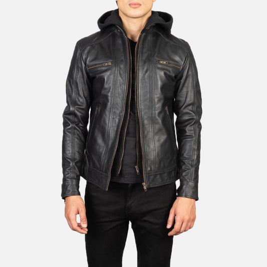 Hector Black Hooded Leather Biker Jacket - men's jacket in black cowhide leather, view 1