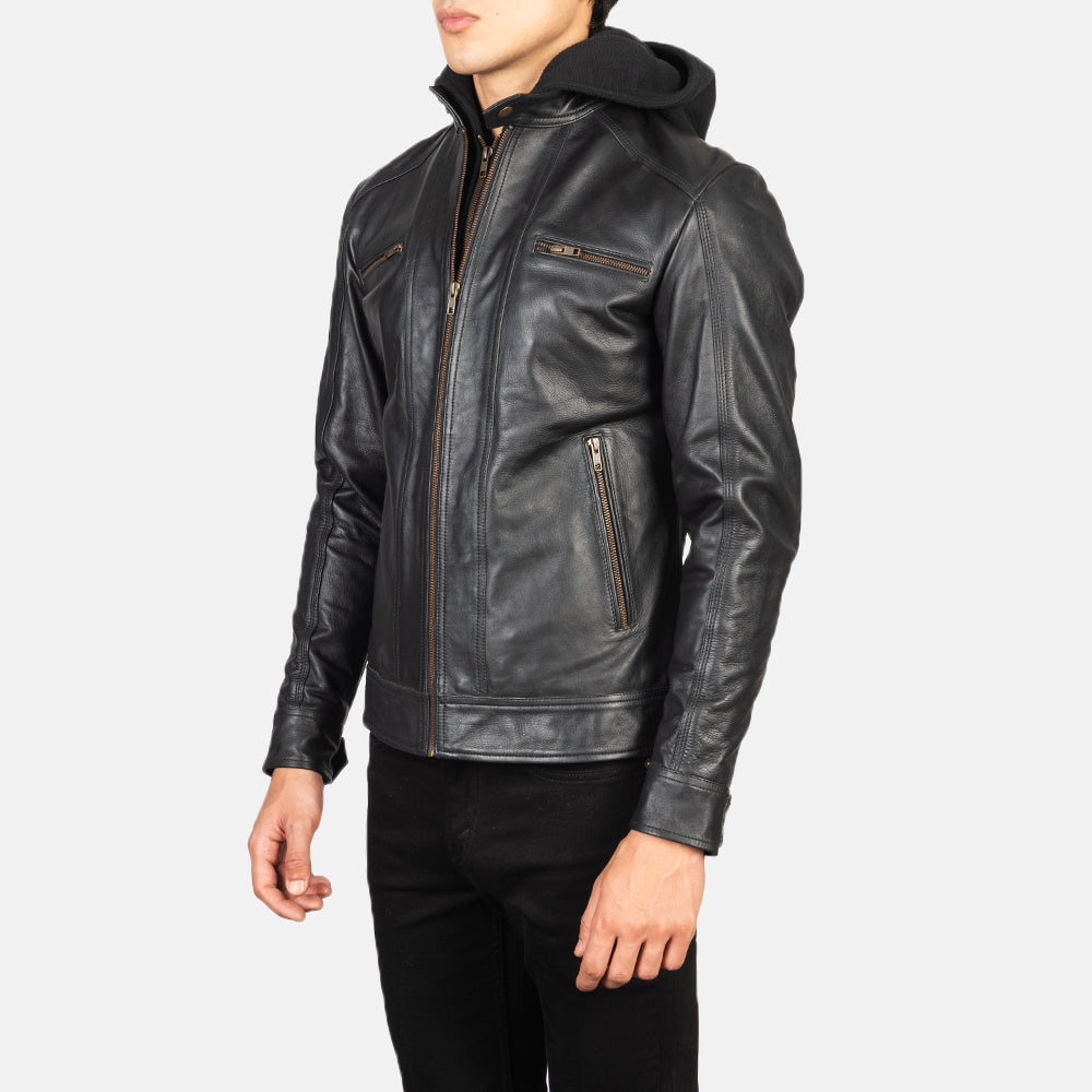 Hector Black Hooded Leather Biker Jacket - men's jacket in black cowhide leather, view 2