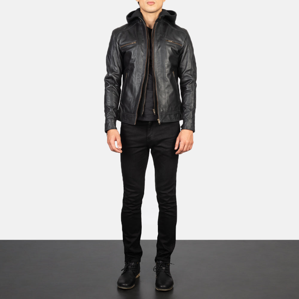 Hector Black Hooded Leather Biker Jacket - men's jacket in black cowhide leather, view 3