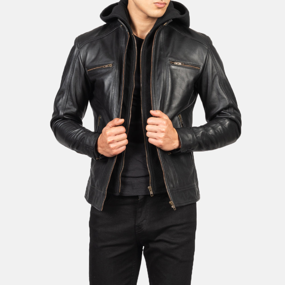 Hector Black Hooded Leather Biker Jacket - men's jacket in black cowhide leather, view 4