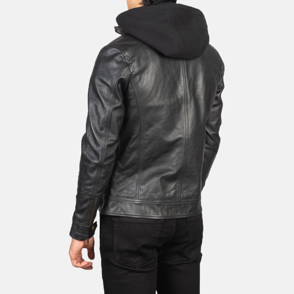 Hector Black Hooded Leather Biker Jacket - men's jacket in black cowhide leather, view 5