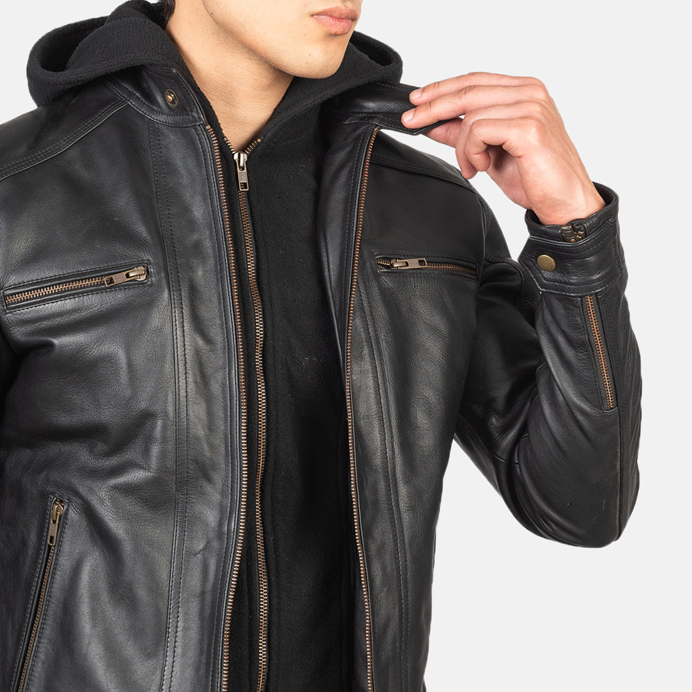 Hector Black Hooded Leather Biker Jacket - men's jacket in black cowhide leather, view 6