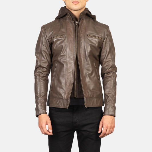 Hector Brown Hooded Leather Biker Jacket - men's jacket in brown cowhide leather, view 1