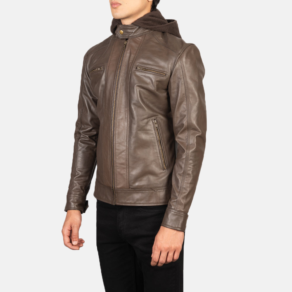 Hector Brown Hooded Leather Biker Jacket - men's jacket in brown cowhide leather, view 2