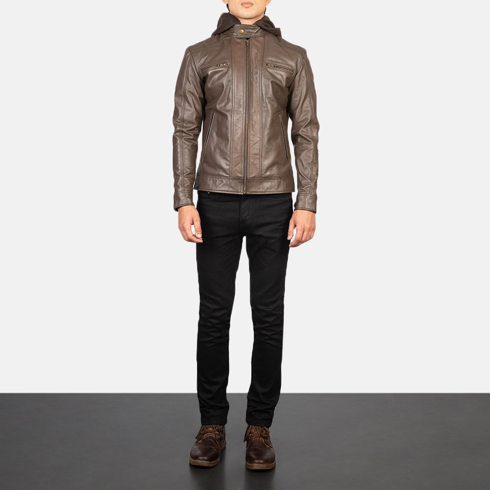 Hector Brown Hooded Leather Biker Jacket - men's jacket in brown cowhide leather, view 3
