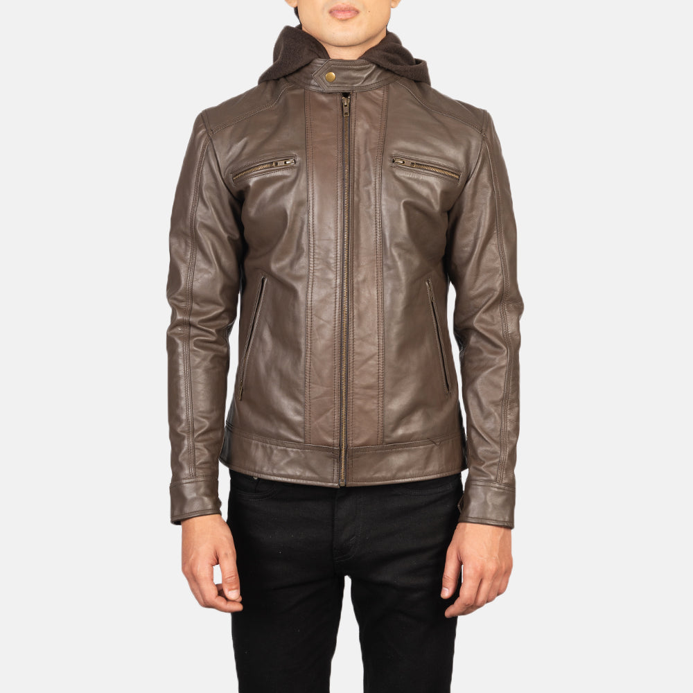 Hector Brown Hooded Leather Biker Jacket - men's jacket in brown cowhide leather, view 4
