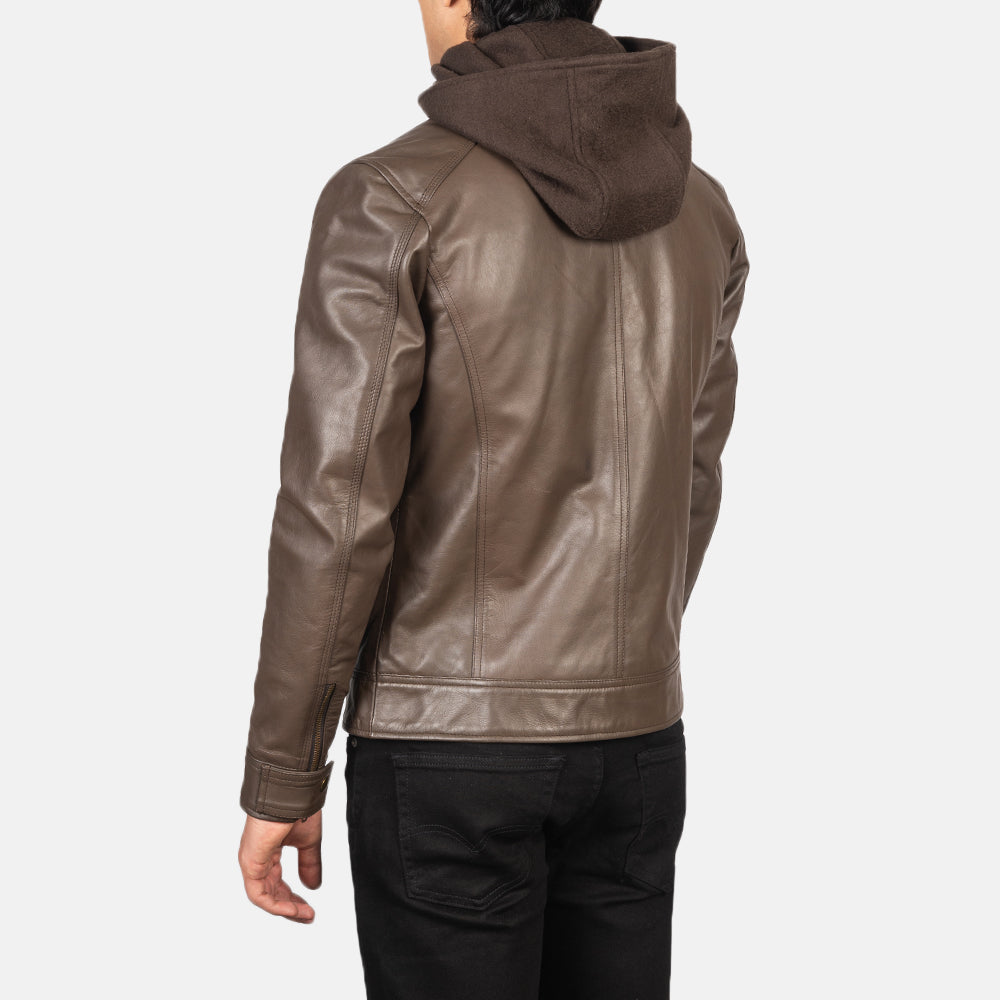 Hector Brown Hooded Leather Biker Jacket - men's jacket in brown cowhide leather, view 5