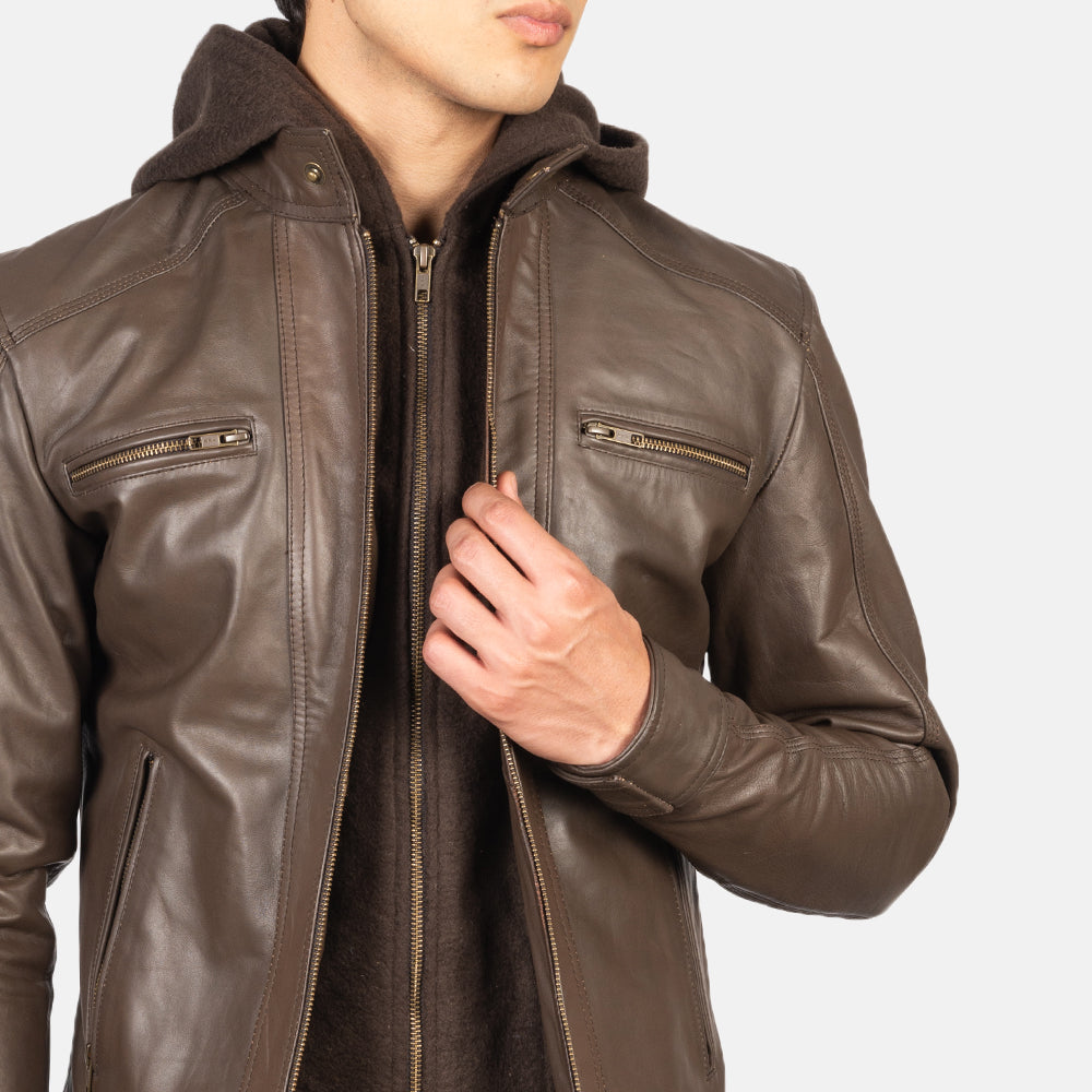 Hector Brown Hooded Leather Biker Jacket - men's jacket in brown cowhide leather, view 6
