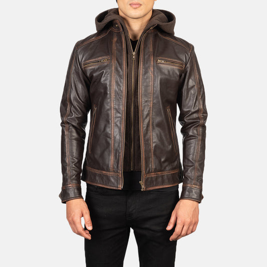 Hector Vintage Brown Hooded Leather Biker Jacket - men's jacket in brown goatskin leather, view 1