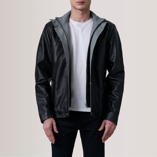 Henrik Black Leather Cafe Racer Jacket - men's jacket in black premium leather, view 1