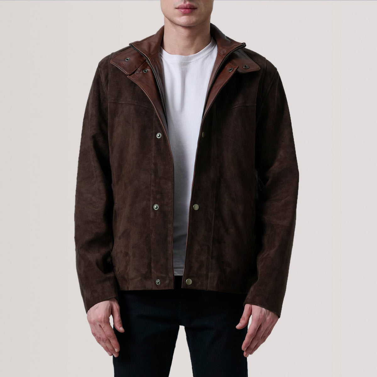 Henrik Brown Suede Cafe Racer Jacket - men's jacket in brown suede leather, view 1