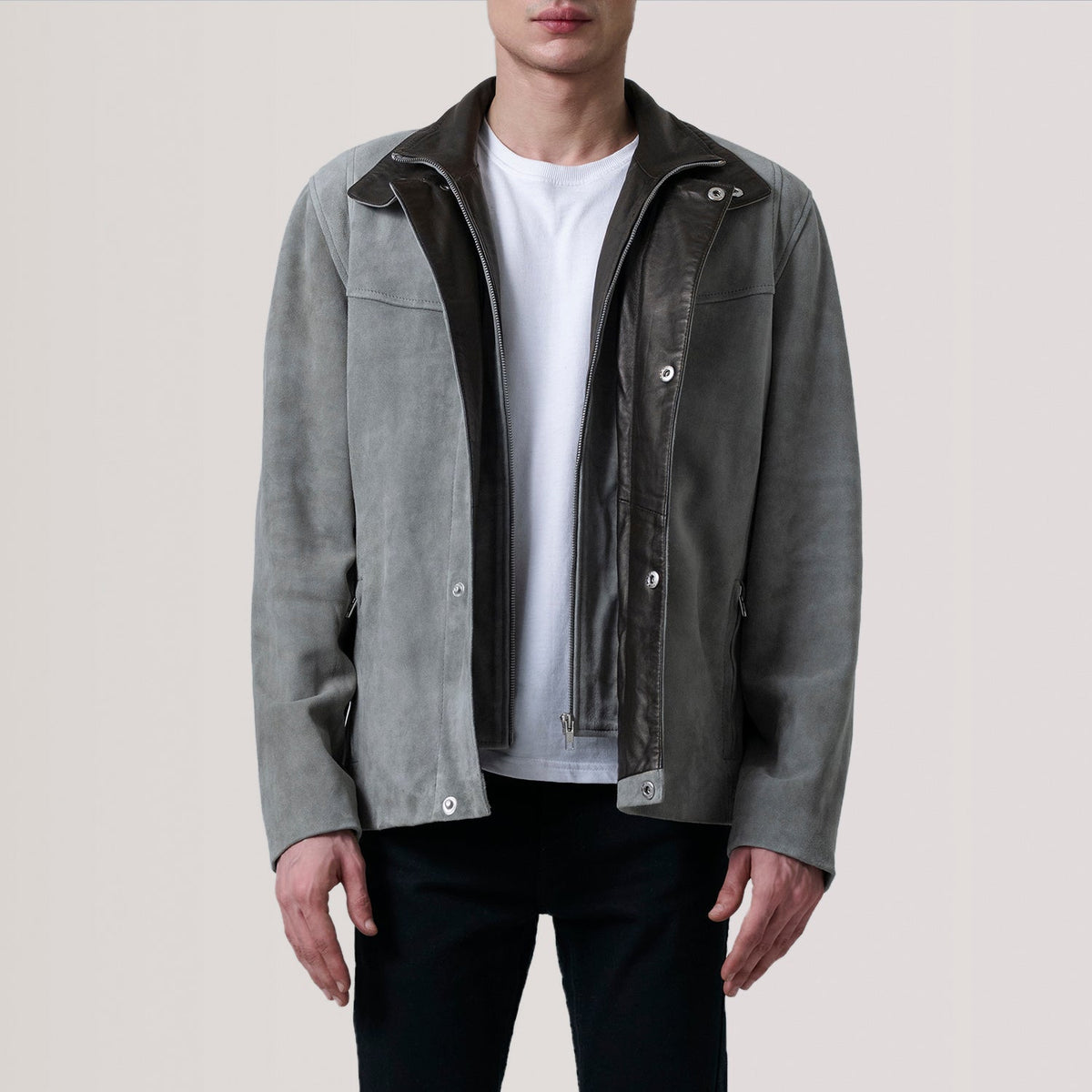 Henrik Grey Suede Cafe Racer Jacket - men's jacket in grey suede leather, view 1