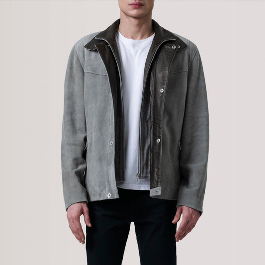 Henrik Grey Suede Cafe Racer Jacket - men's jacket in grey suede leather, view 1