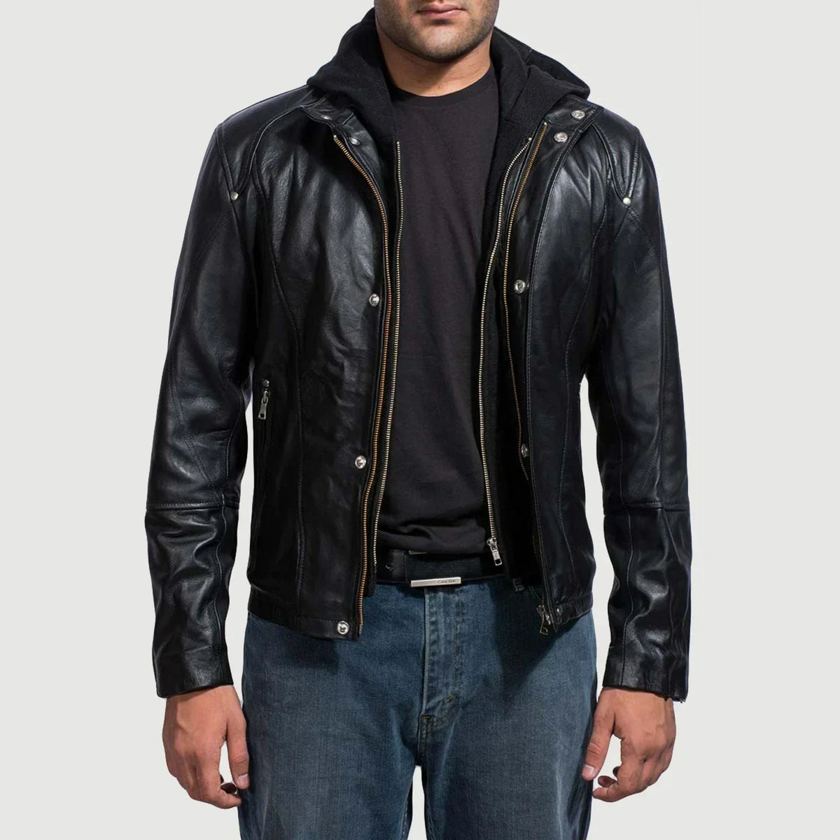Highschool Black Hooded Leather Jacket - men's jacket in black cowhide leather, view 1