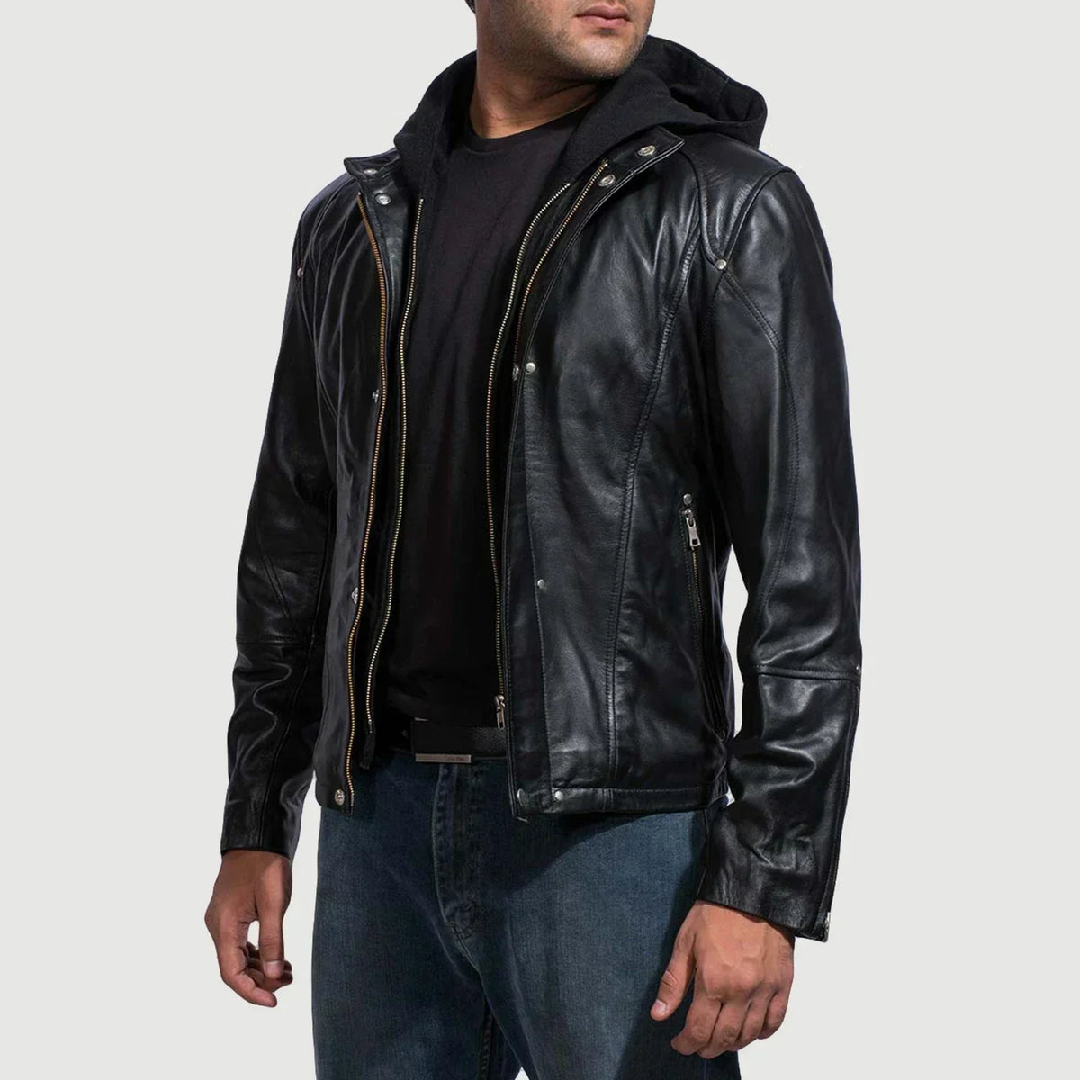 Highschool Black Hooded Leather Jacket - men's jacket in black cowhide leather, view 2