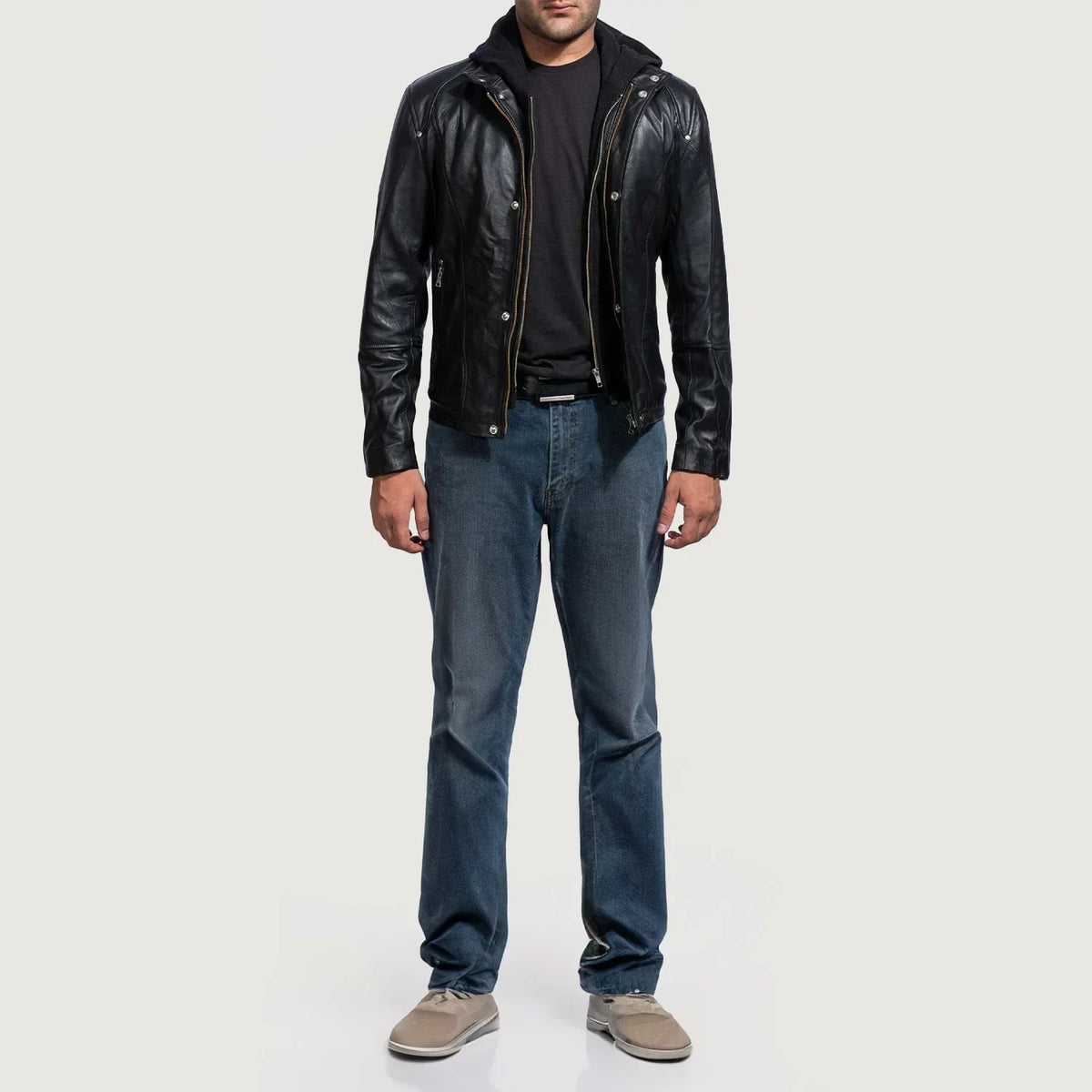 Highschool Black Hooded Leather Jacket - men's jacket in black cowhide leather, view 3