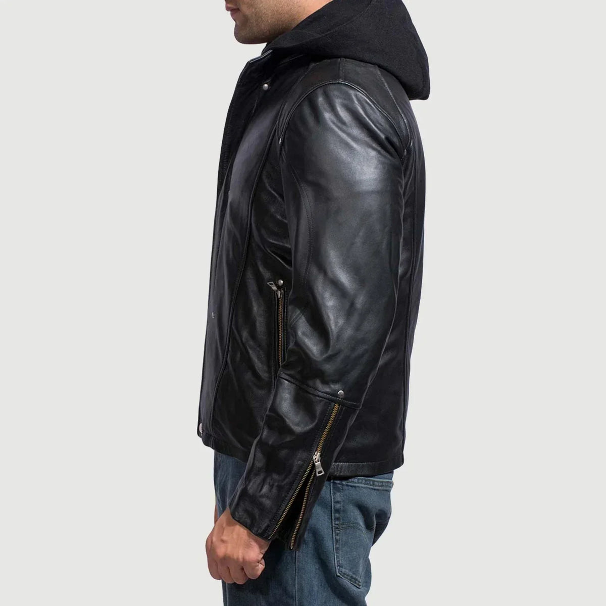 Highschool Black Hooded Leather Jacket - men's jacket in black cowhide leather, view 4