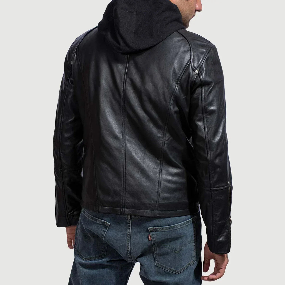 Highschool Black Hooded Leather Jacket - men's jacket in black cowhide leather, view 5