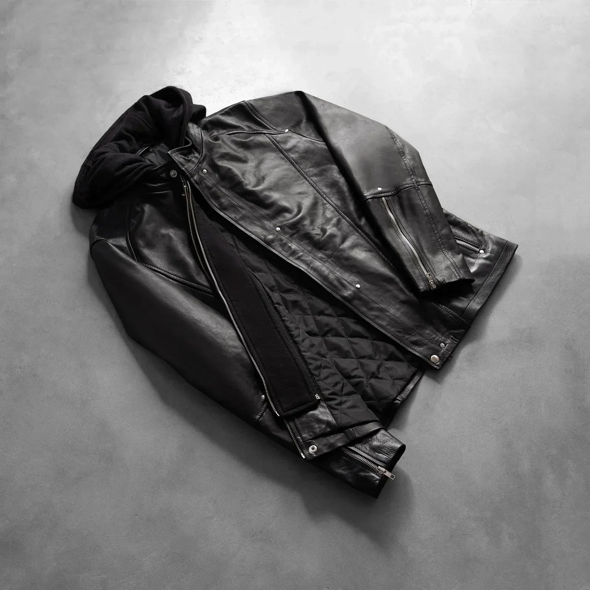 Highschool Black Hooded Leather Jacket - men's jacket in black cowhide leather, view 7