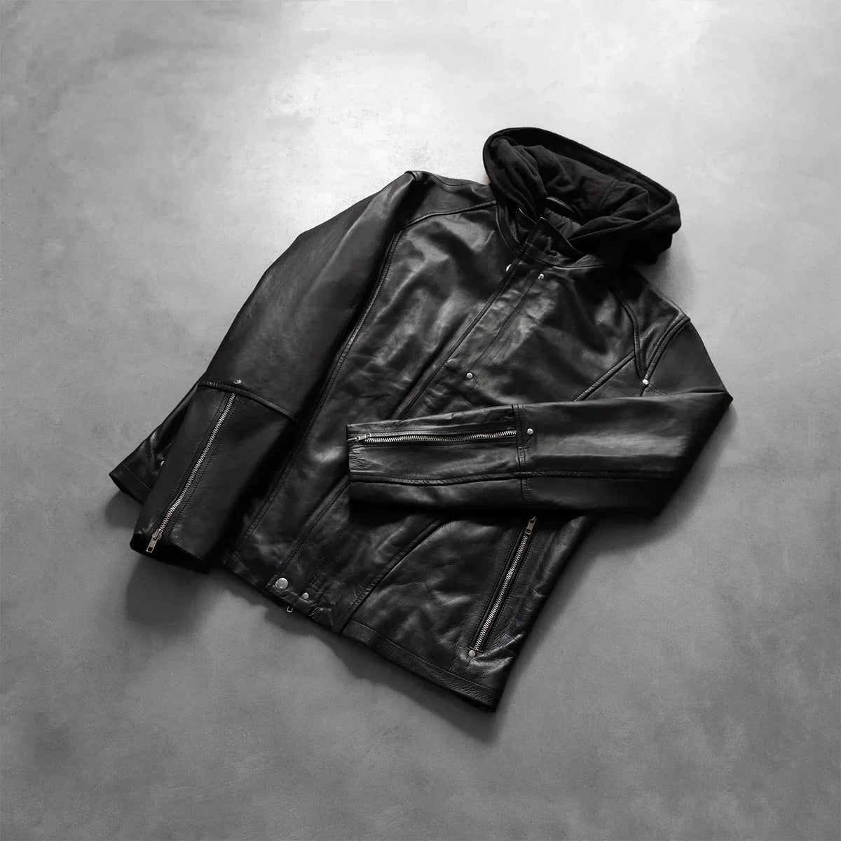 Highschool Black Hooded Leather Jacket - men's jacket in black cowhide leather, view 8
