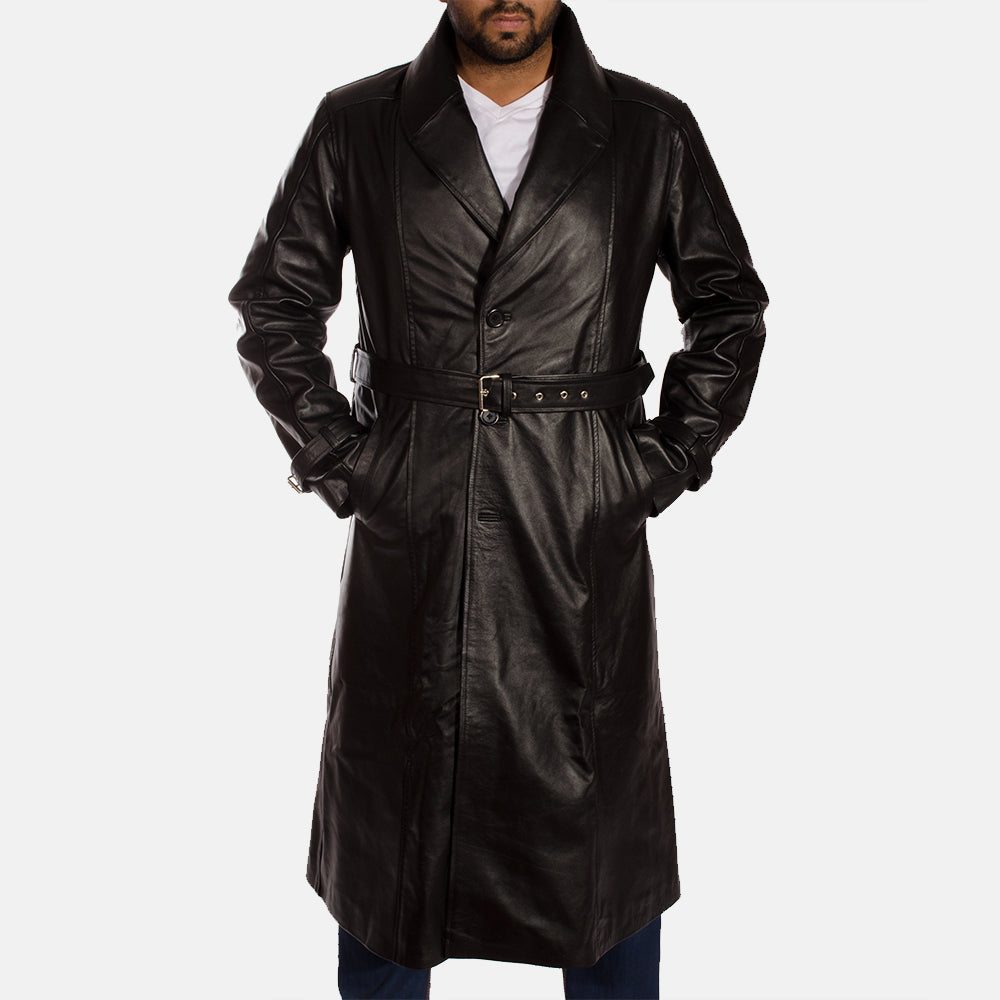 Hooligan Black Leather Trench Coat - men's coat in black cowhide leather, view 1