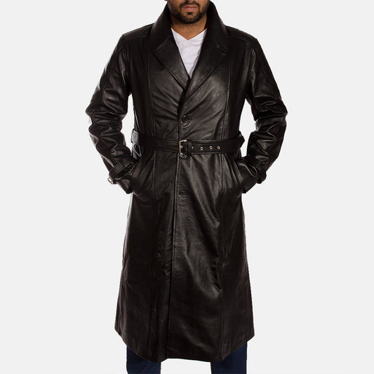 Hooligan Black Leather Trench Coat - men's coat in black cowhide leather, view 1
