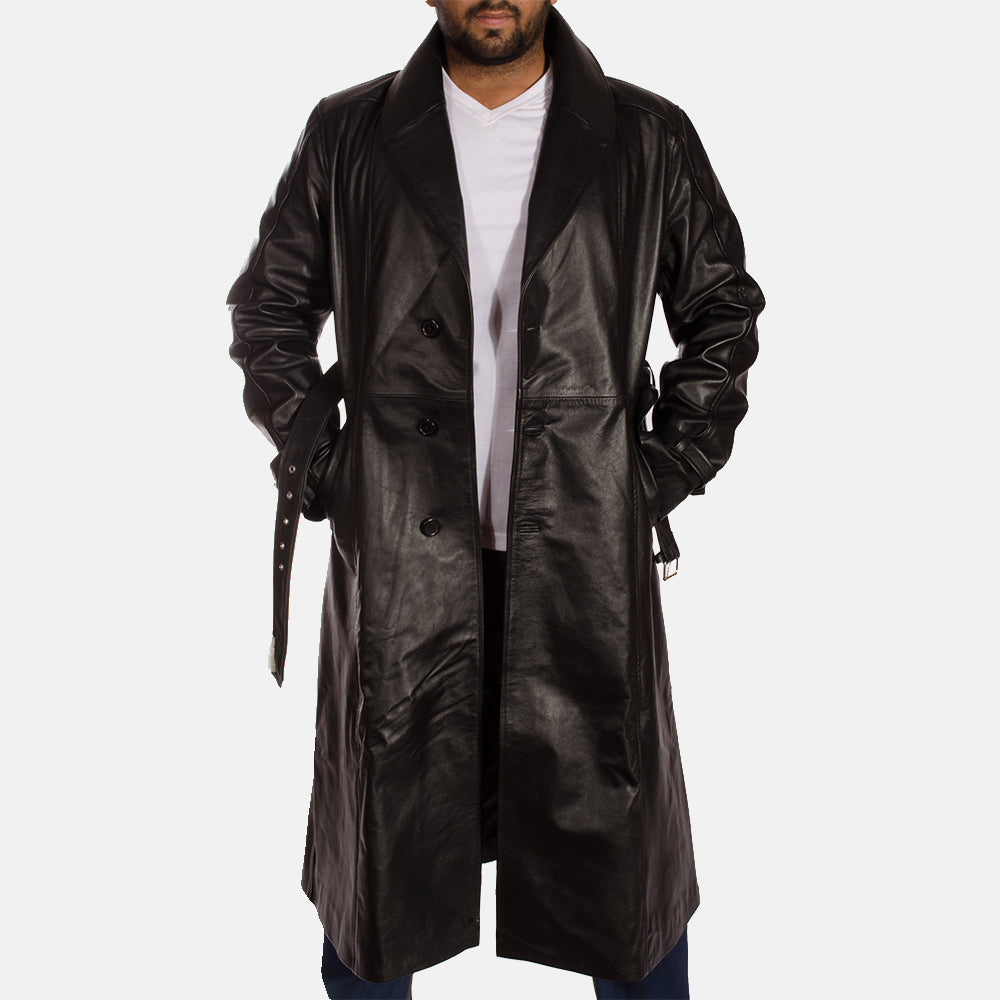Hooligan Black Leather Trench Coat - men's coat in black cowhide leather, view 3