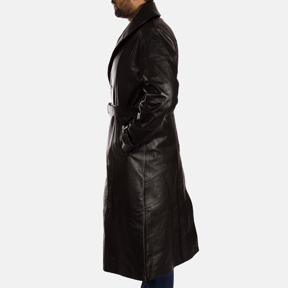 Hooligan Black Leather Trench Coat - men's coat in black cowhide leather, view 4