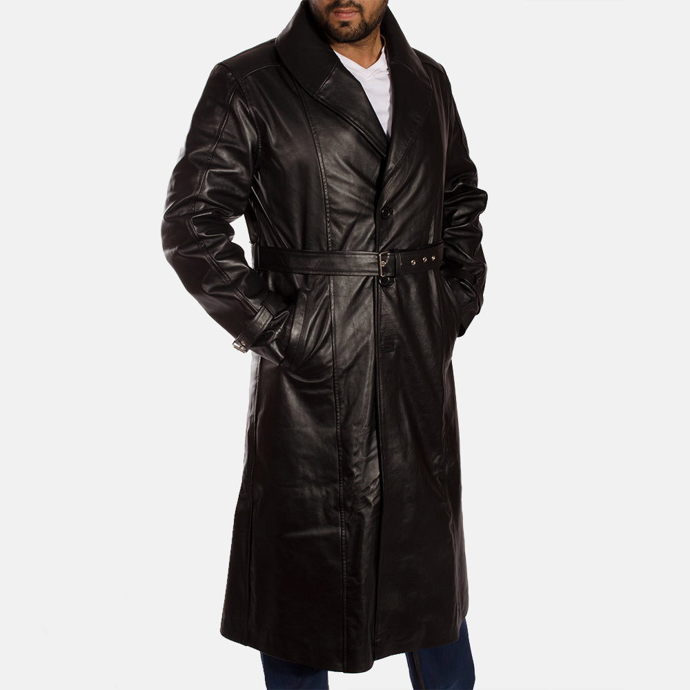 Hooligan Black Leather Trench Coat - men's coat in black cowhide leather, view 6